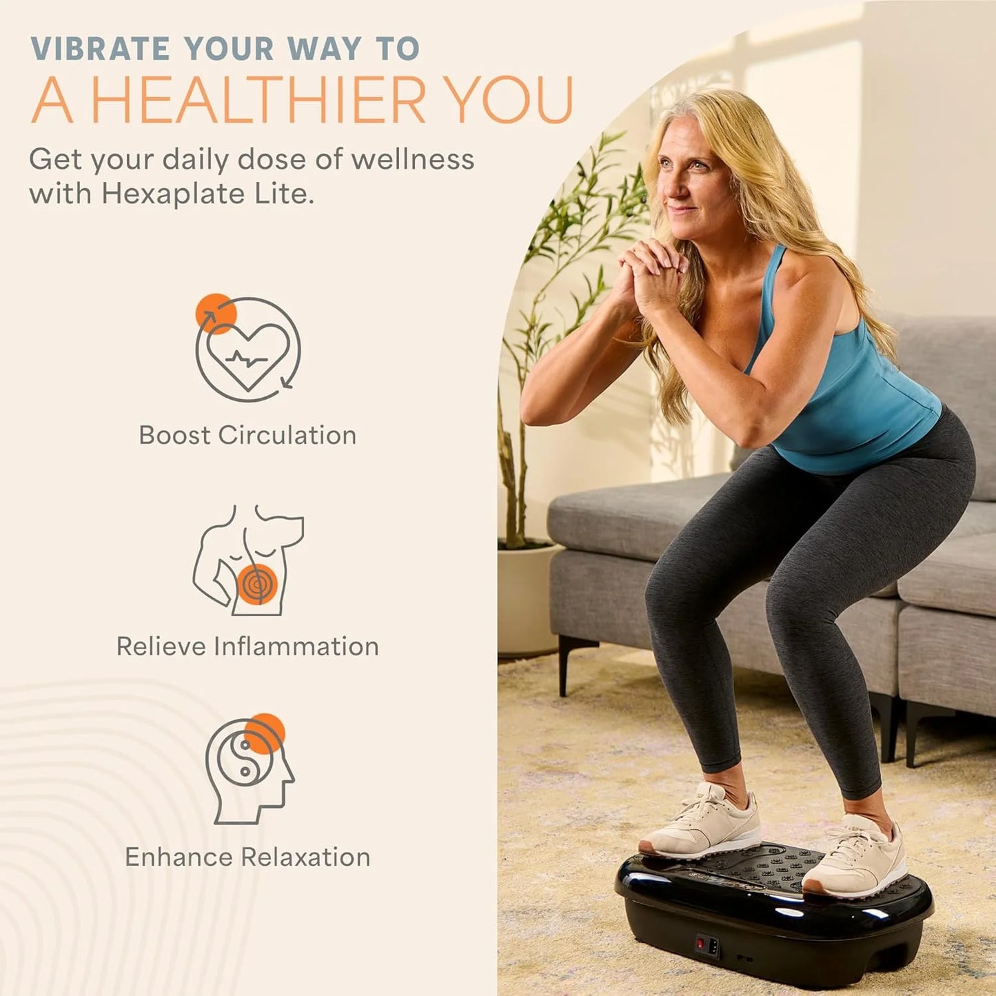 Hexaplate Lite Vibration Plate, 300W Full Body Workout with Remote and 10 Programs - Black
