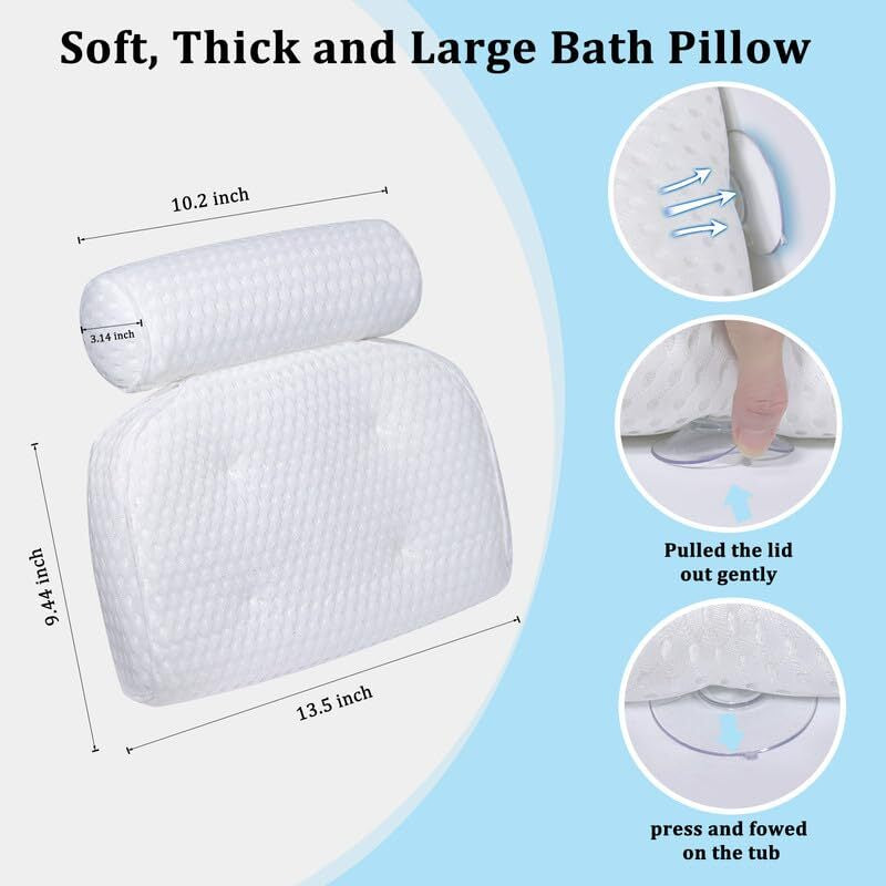 Comfortable Bath Pillow for Tub Neck and Back Support with Non-Slip Suction Cups