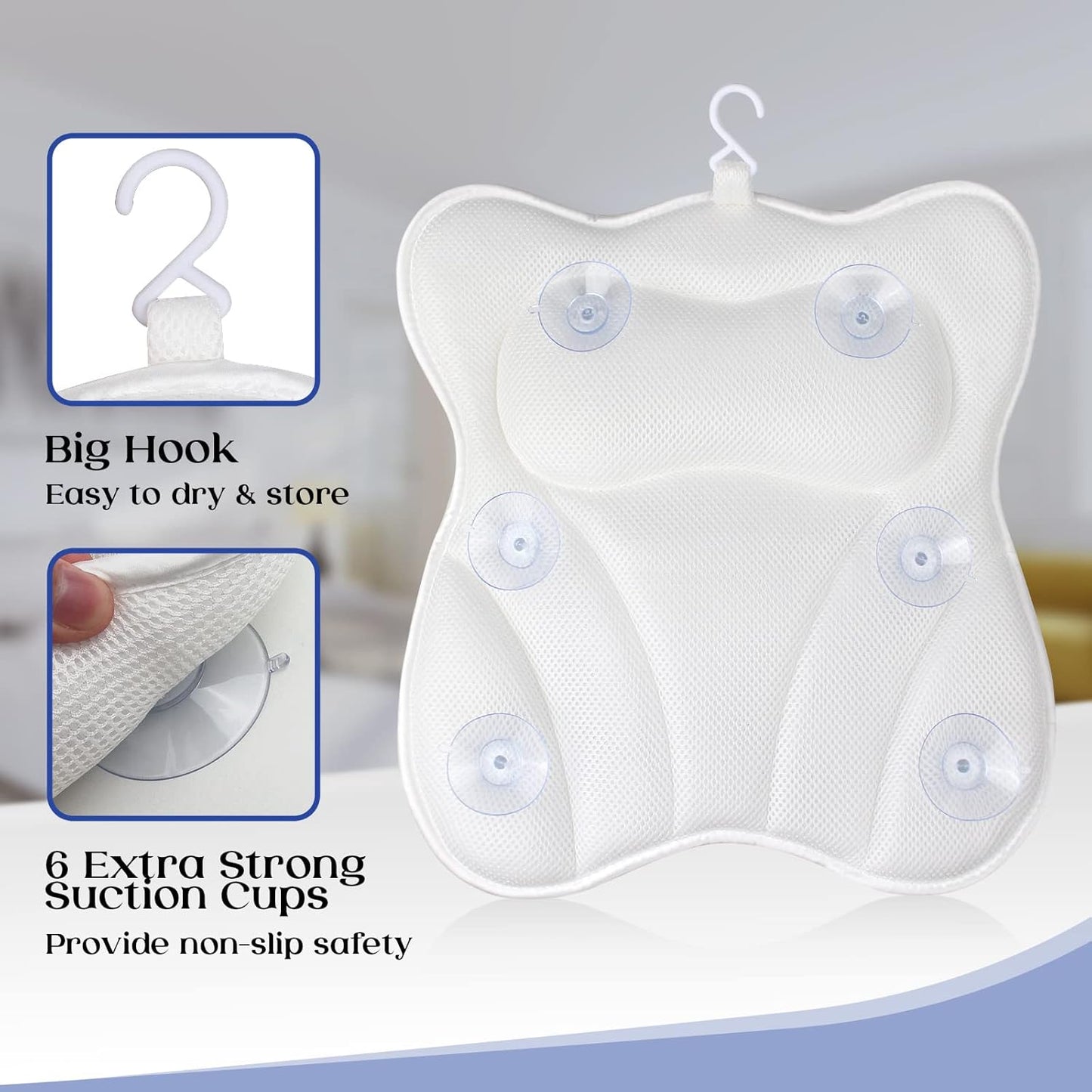 Bath Pillow, Bathtub Pillow with Anti-Slip Suction Cups, 4D Mesh Soft Spa Bath Tub Pillow Headrest, Bath Pillows for Tub with Neck and Back Support Fits Bathtub Spa Tub Jacuzzi, Fathers Day Dad Gifts