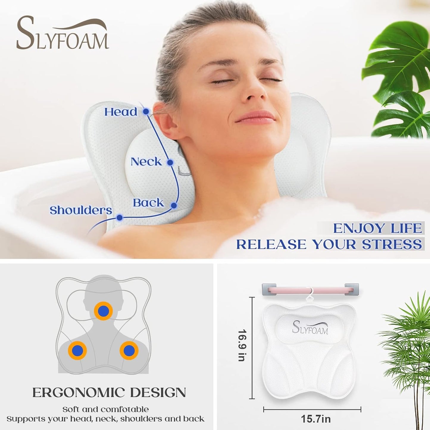 Bath Pillow, Bathtub Pillow with Anti-Slip Suction Cups, 4D Mesh Soft Spa Bath Tub Pillow Headrest, Bath Pillows for Tub with Neck and Back Support Fits Bathtub Spa Tub Jacuzzi, Fathers Day Dad Gifts
