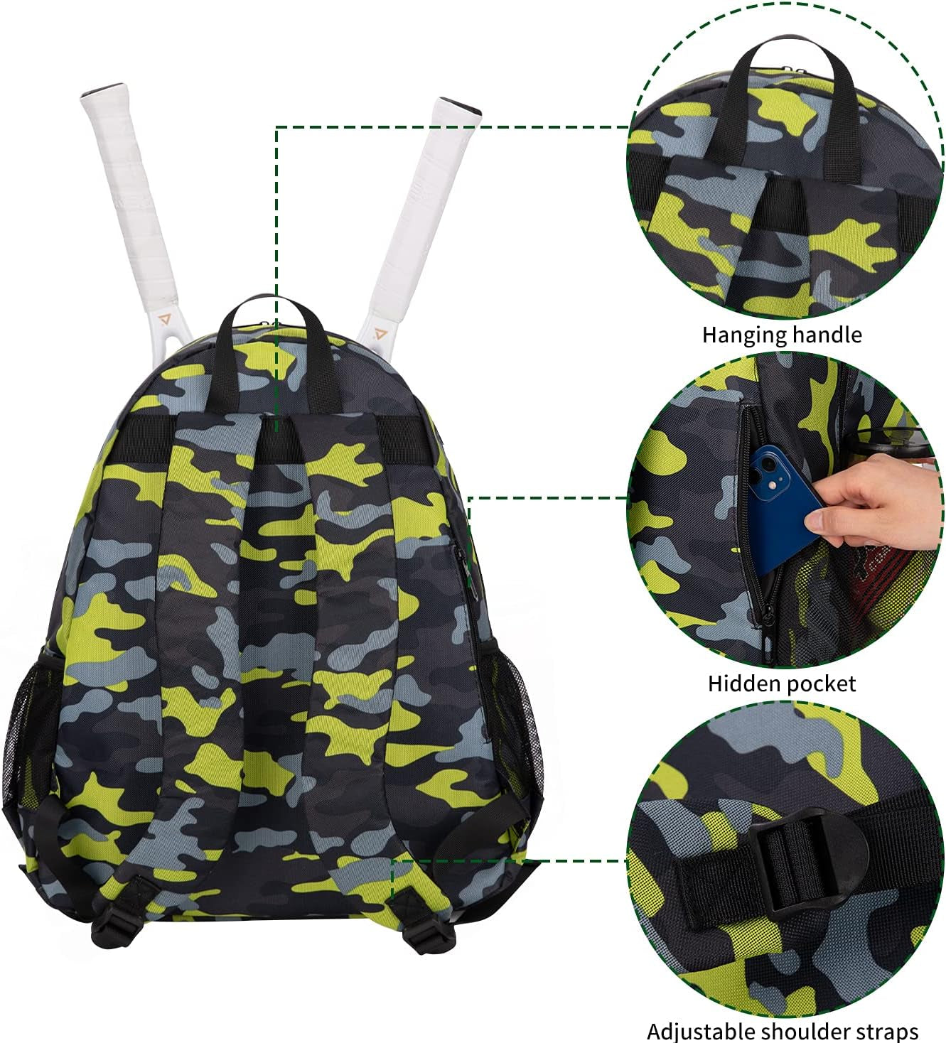2 Tennis Racquet Backpack Tennis Bags for Women and Men, Sports Carrying Bag Hold Tennis Racket, Pickleball Paddles, Badminton Racquet, Squash Racquet and Other Accessories (Camouflage)