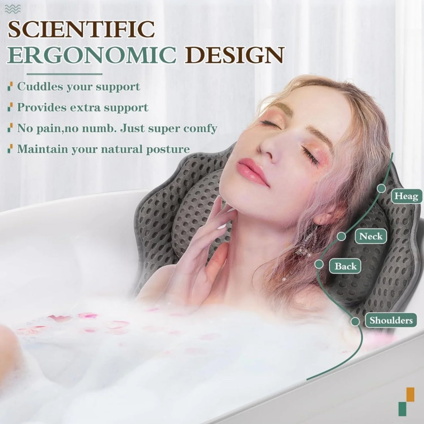 Luxury Bath Pillow Tub Spa Pillow with 4D Breathable Mesh and Non-Slip Suction Cup, Black Bath Mat Pillow for Head