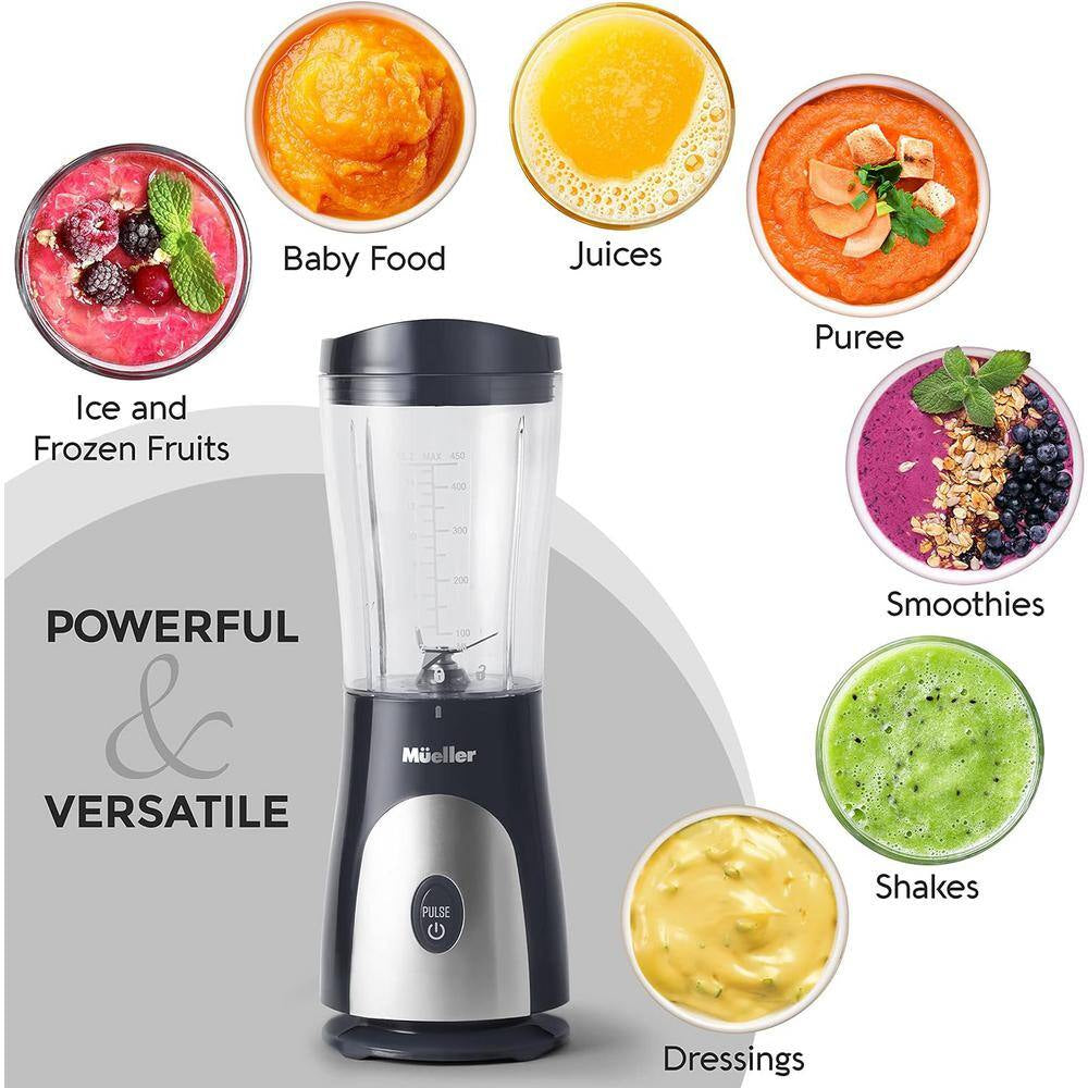 15 Oz. Heavy Duty Single Speed Portable Blender, Food Processor with Travel Cup and Lid for Juice, Baby Food, Grey
