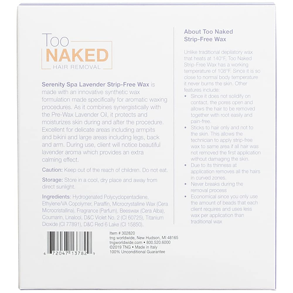 Too Naked Serenity Spa Lavender Strip-Free Wax Beads, Hair Removing Depilatory Wax Size 28.8 Ounces