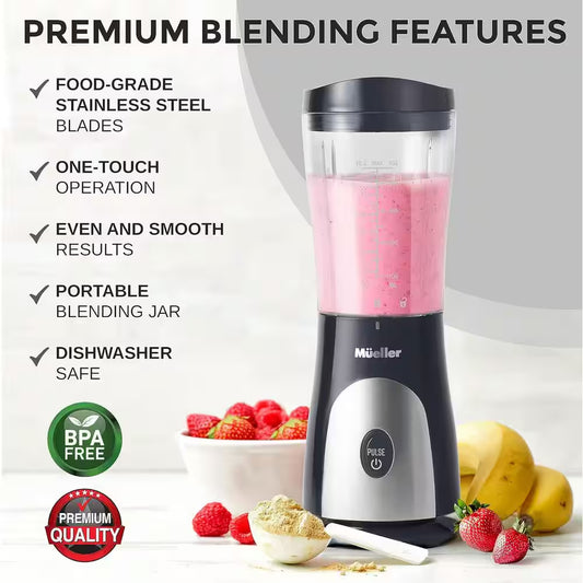 15 Oz. Heavy Duty Single Speed Portable Blender, Food Processor with Travel Cup and Lid for Juice, Baby Food, Grey