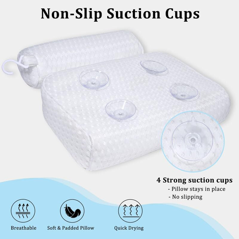 Comfortable Bath Pillow for Tub Neck and Back Support with Non-Slip Suction Cups