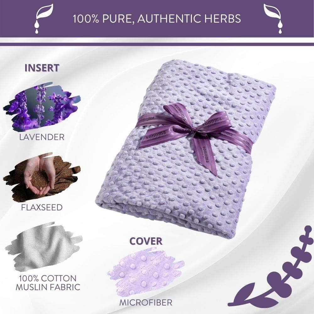 Aromatherapy Spa Blanket Filled with Lavender Flowers and Flaxseed, Hot/Cold Microwaveable Heated Blanket for Soothing Muscles with Removable Washable Cover (44" X 18", Lilac Dot)
