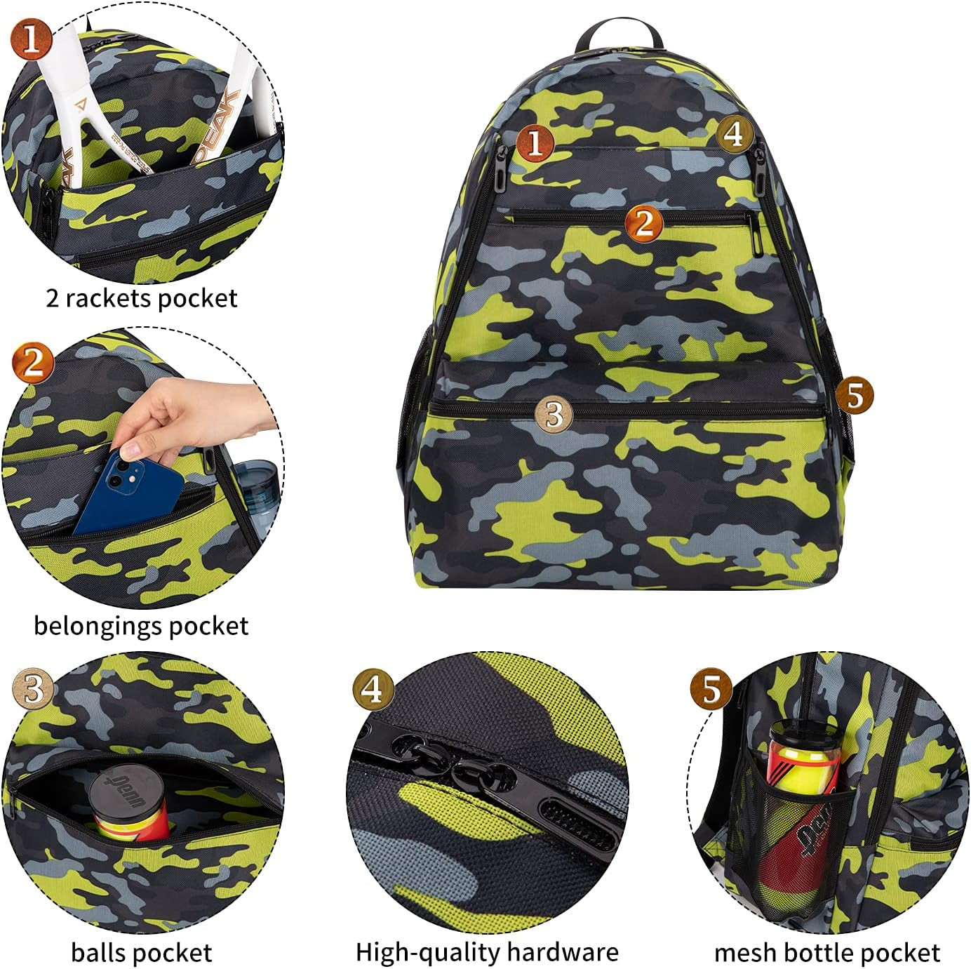 2 Tennis Racquet Backpack Tennis Bags for Women and Men, Sports Carrying Bag Hold Tennis Racket, Pickleball Paddles, Badminton Racquet, Squash Racquet and Other Accessories (Camouflage)