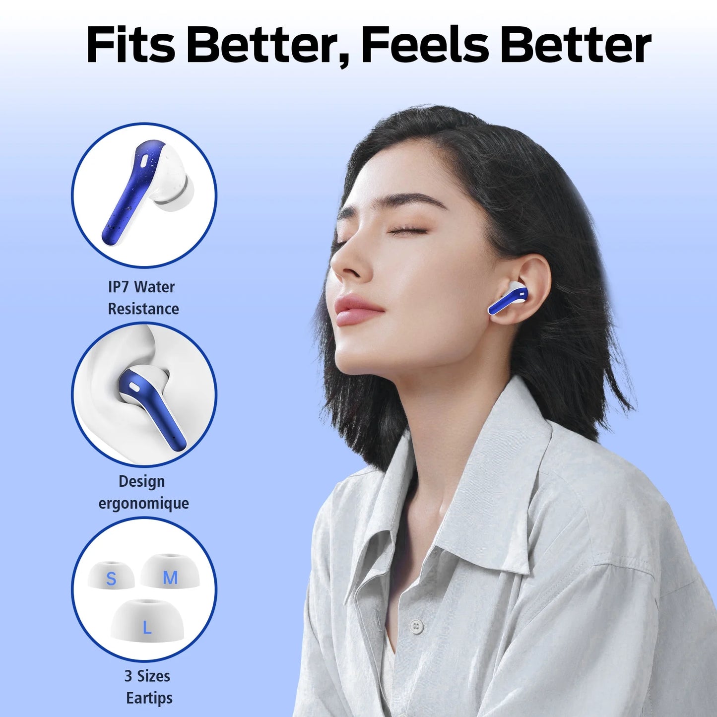 VEATOOL Bluetooth Headphones True Wireless Earbuds 65H Playback Power Display Earphones with Wireless Charging Case IPX7 Waterproof In-Ear Earbuds with Mic for TV Smart Phone Computer Laptop