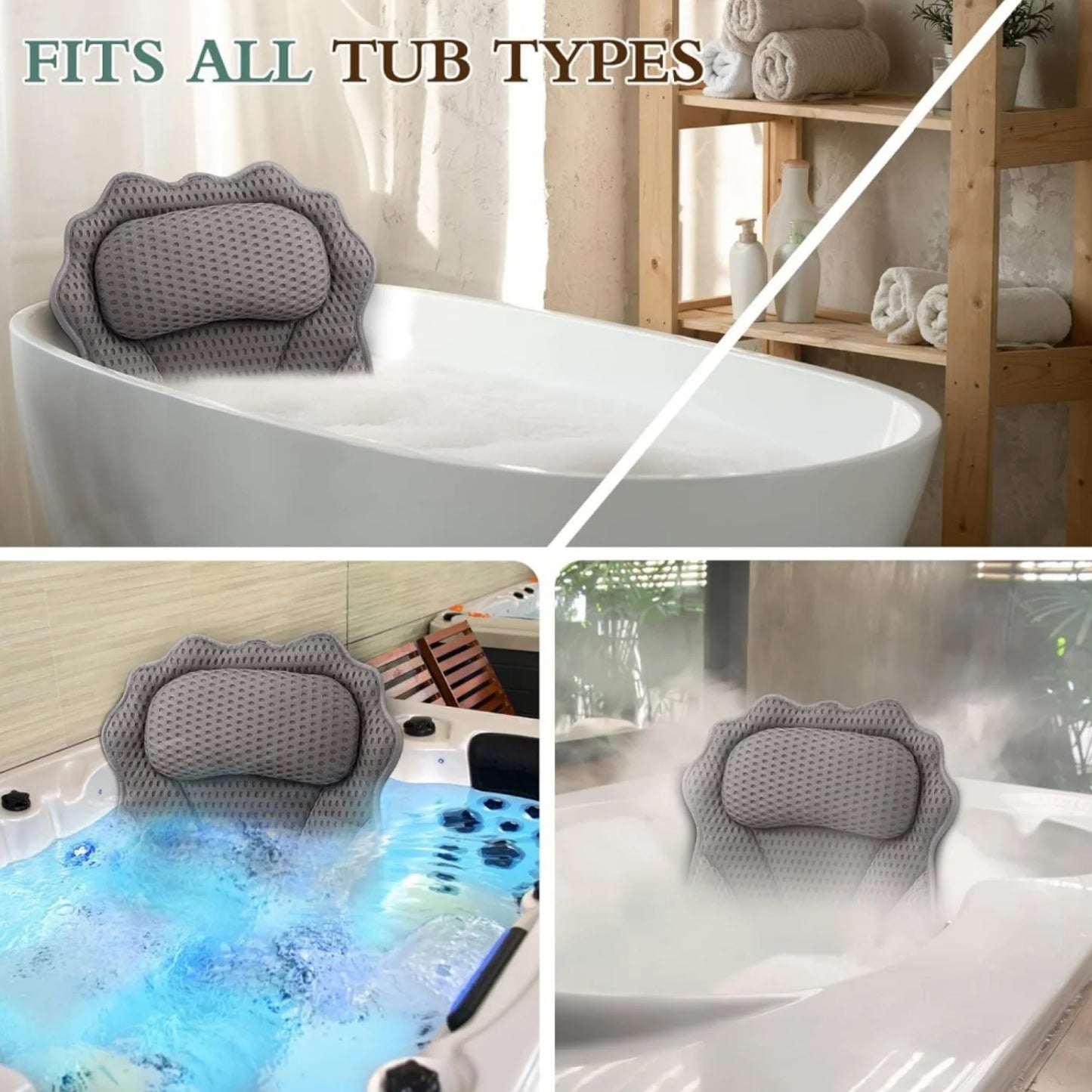 Luxury Bath Pillow Tub Spa Pillow with 4D Breathable Mesh and Non-Slip Suction Cup, Black Bath Mat Pillow for Head