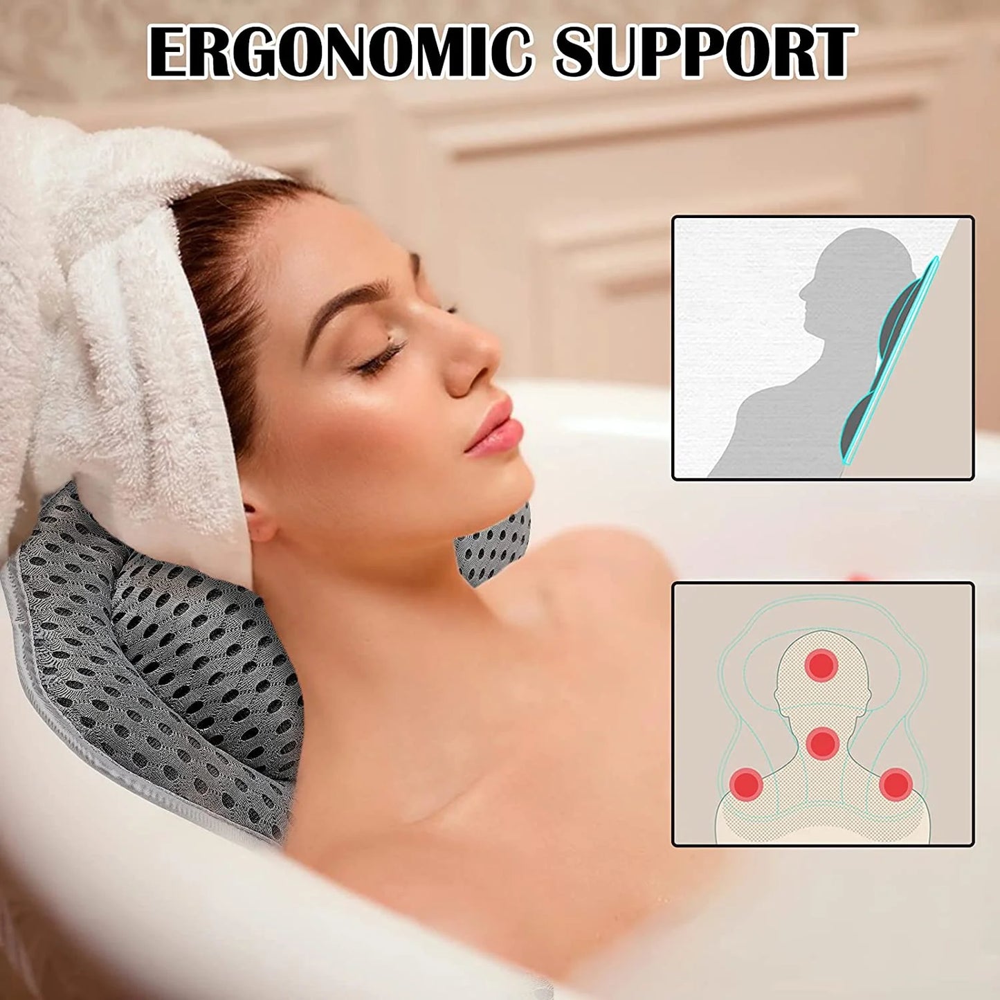 Luxury Bath Pillow Tub Spa Pillow with 4D Breathable Mesh and Non-Slip Suction Cup, Black Bath Mat Pillow for Head