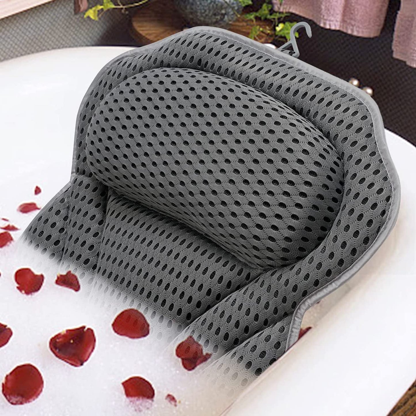 Luxury Bath Pillow Tub Spa Pillow with 4D Breathable Mesh and Non-Slip Suction Cup, Black Bath Mat Pillow for Head