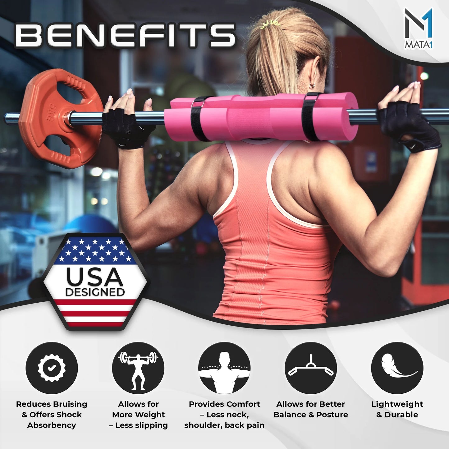 Gym Foam Barbell Pad for Hip Thrust, Squat & Lunges, Pink 17X3.5 Inch by -Usa
