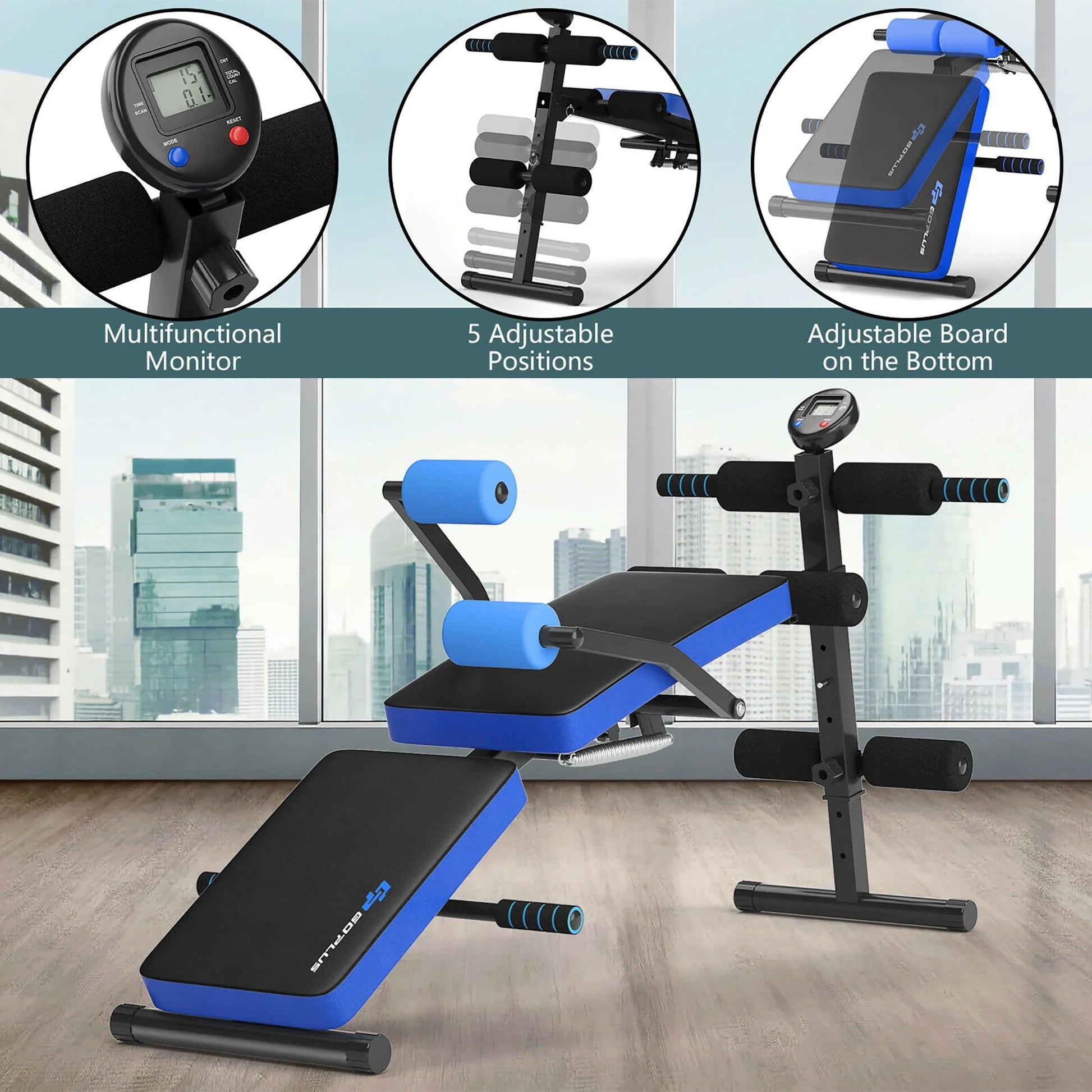 Goplus Multi-Functional Foldable Weight Bench Adjustable Sit-Up Board W/ Monitor Blue