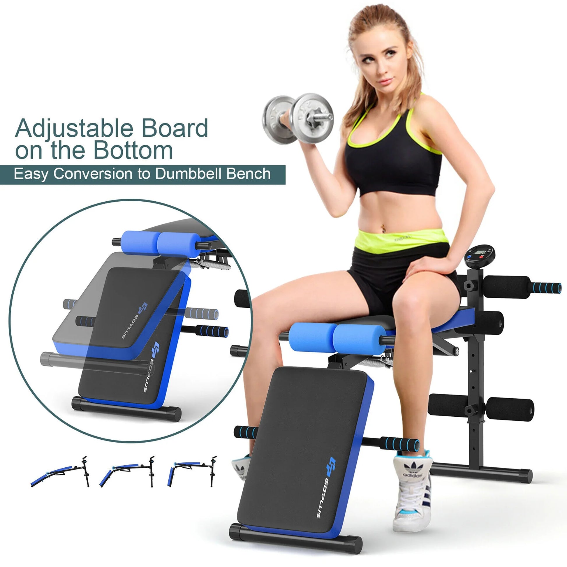 Goplus Multi-Functional Foldable Weight Bench Adjustable Sit-Up Board W/ Monitor Blue