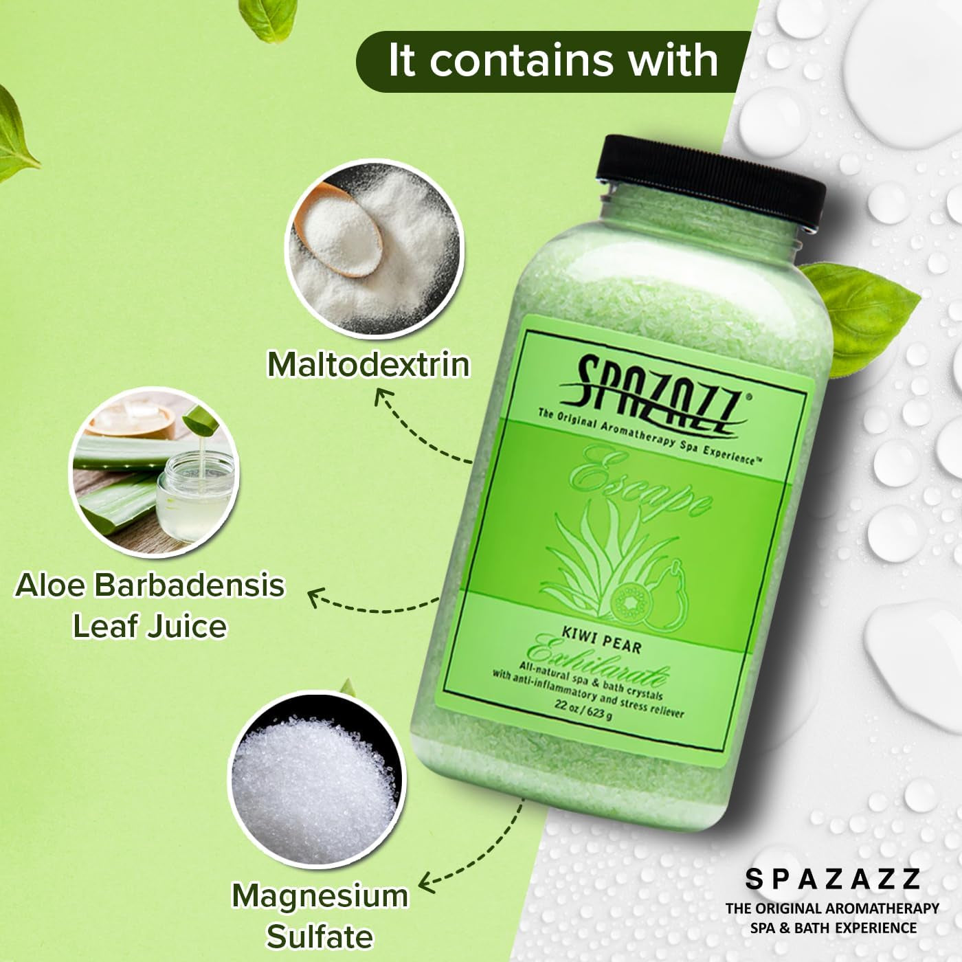 Spazzaz Hot Tub & Spa Bath Salt Aromatherapy Crystals. 22 Oz Kiwi Pear Crystals and Bath Salts - Oil-Free & Safe for All Spas