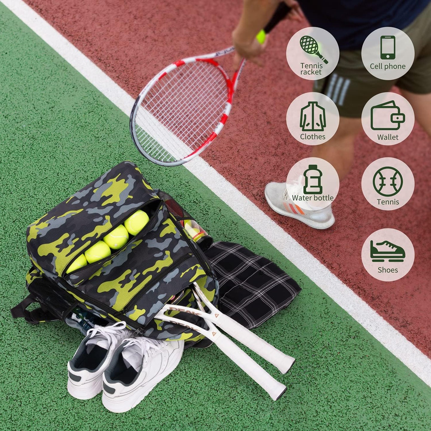 2 Tennis Racquet Backpack Tennis Bags for Women and Men, Sports Carrying Bag Hold Tennis Racket, Pickleball Paddles, Badminton Racquet, Squash Racquet and Other Accessories (Camouflage)