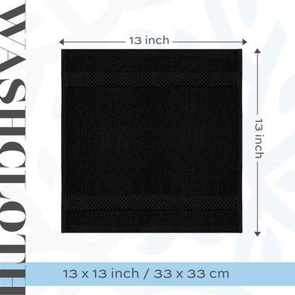 Luxury Cotton Washcloths 13X13 Inch - 650 GSM Turkish Cotton | Hotel, Spa, Bathroom Face Towel | 12 Pack, Black