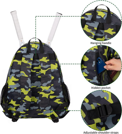 2 Tennis Racquet Backpack Tennis Bags for Women and Men, Sports Carrying Bag Hold Tennis Racket, Pickleball Paddles, Badminton Racquet, Squash Racquet and Other Accessories (Camouflage)