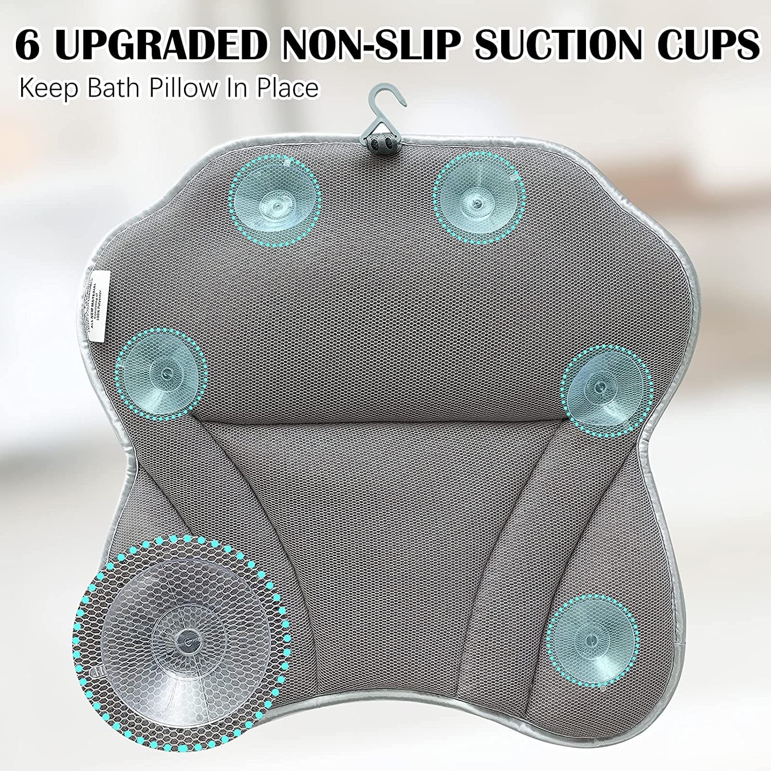 Luxury Bath Pillow Tub Spa Pillow with 4D Breathable Mesh and Non-Slip Suction Cup, Black Bath Mat Pillow for Head
