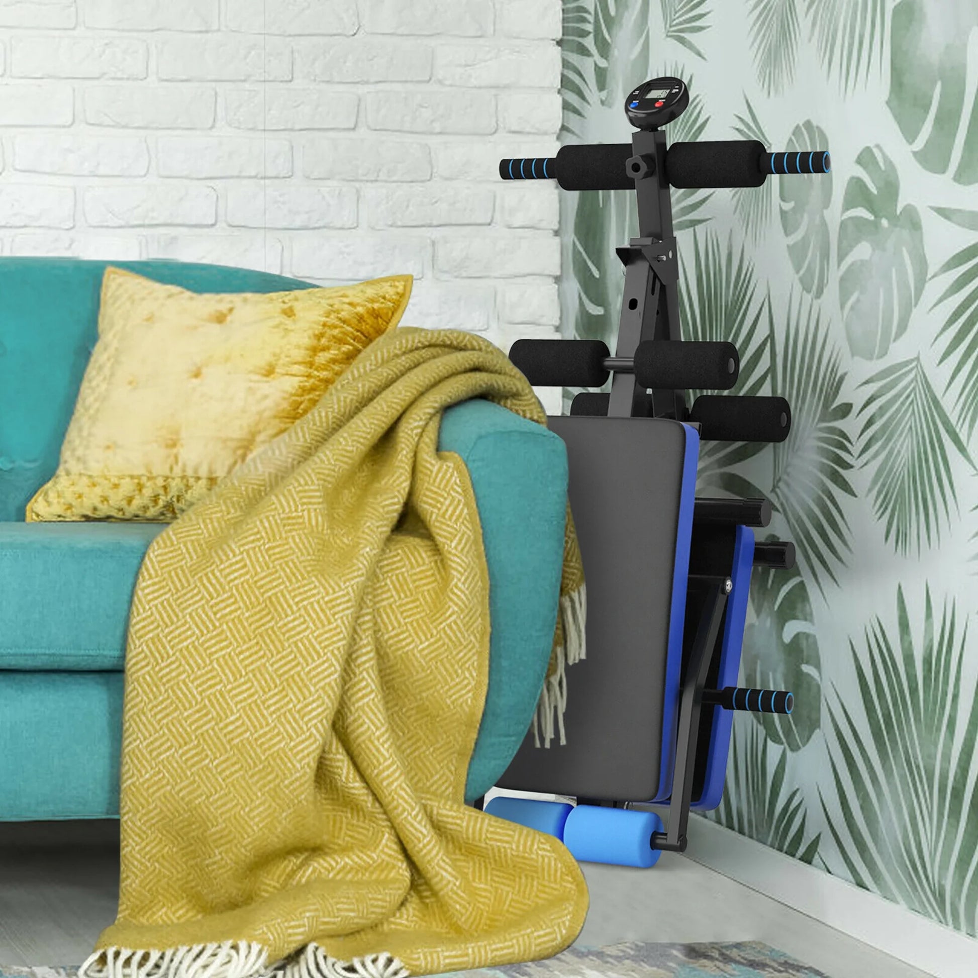 Goplus Multi-Functional Foldable Weight Bench Adjustable Sit-Up Board W/ Monitor Blue