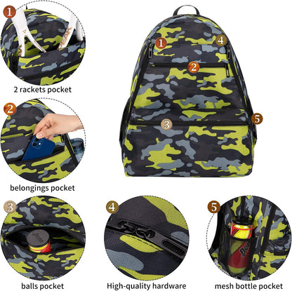 2 Tennis Racquet Backpack Tennis Bags for Women and Men, Sports Carrying Bag Hold Tennis Racket, Pickleball Paddles, Badminton Racquet, Squash Racquet and Other Accessories (Camouflage)