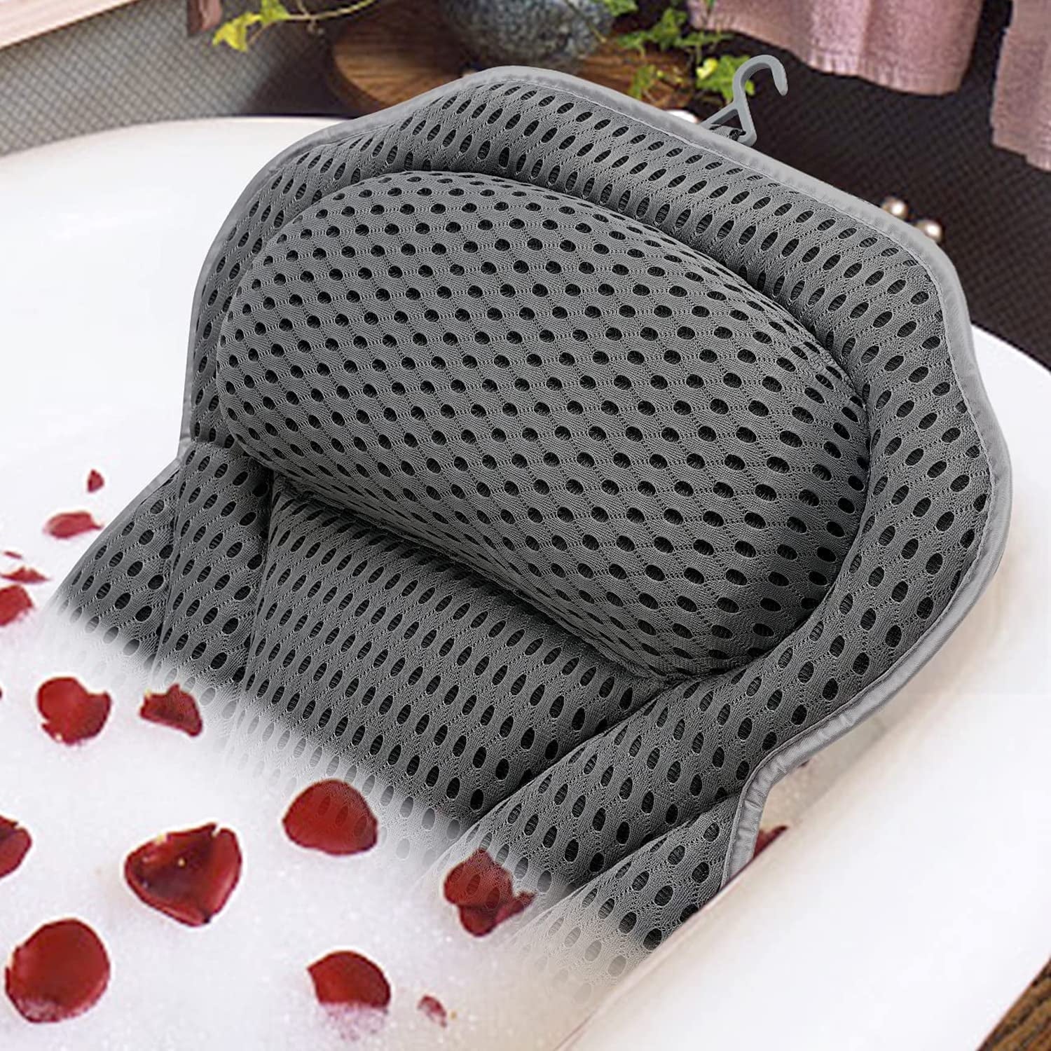 Luxury Bath Pillow Tub Spa Pillow with 4D Breathable Mesh and Non-Slip Suction Cup, Black Bath Mat Pillow for Head