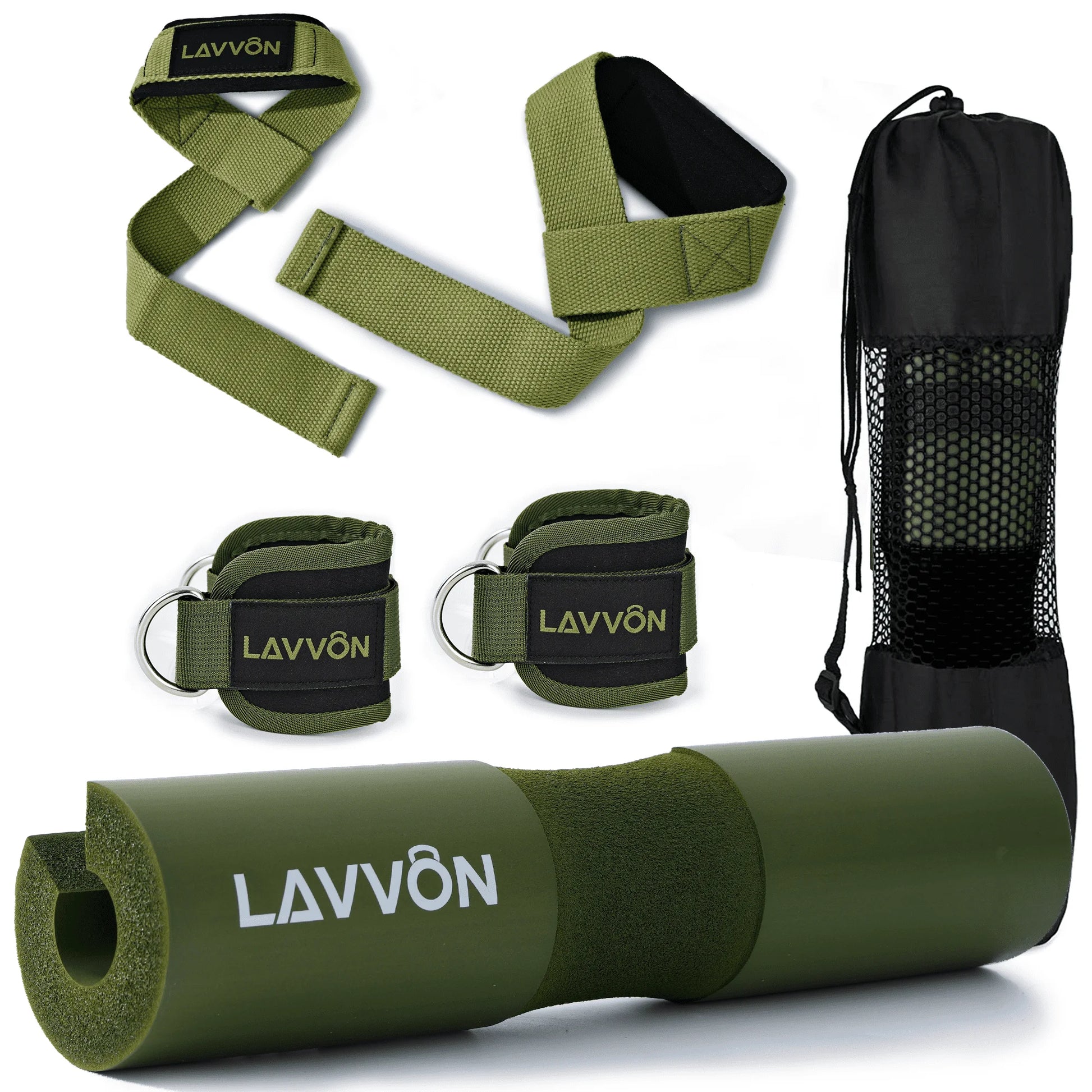 Squat Pad Set - Foam Barbell Pad for Squats Cushion, Lunges & Bar Padding for Hip Thrusts - Standard Weight Bar Pad - with Ankle Straps, Wrist Straps for Weightlifting