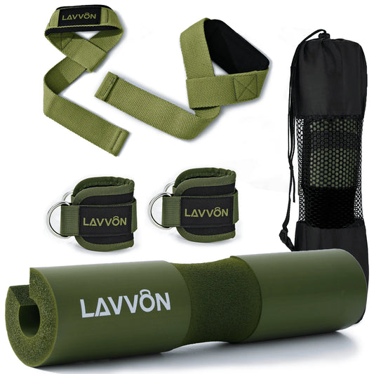 Squat Pad Set - Foam Barbell Pad for Squats Cushion, Lunges & Bar Padding for Hip Thrusts - Standard Weight Bar Pad - with Ankle Straps, Wrist Straps for Weightlifting